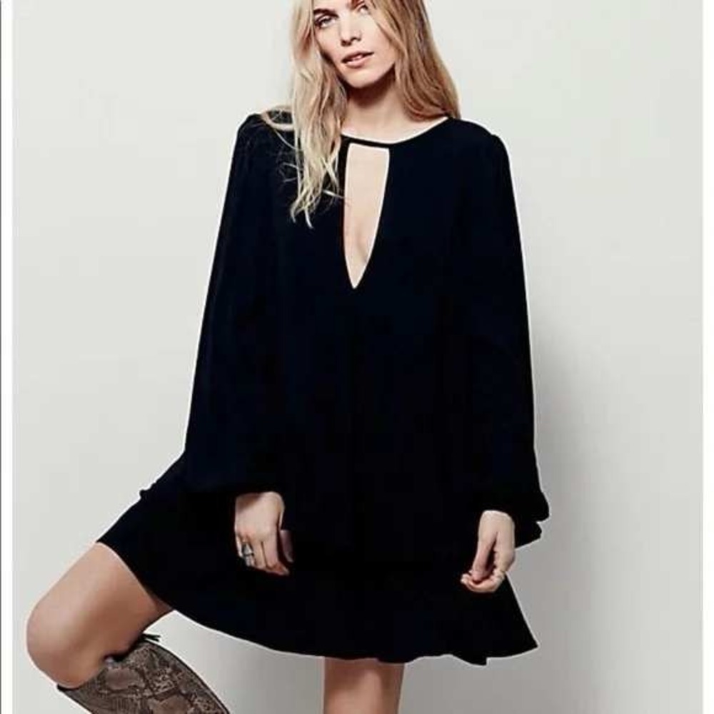 Free People Philadelphia Beck Mini Dress Black Tiered Boho Tunic XS Lagenlook